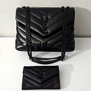 Saint Laurent black monogram Matelasse shoulder chain bag purse YSL Free wallet!